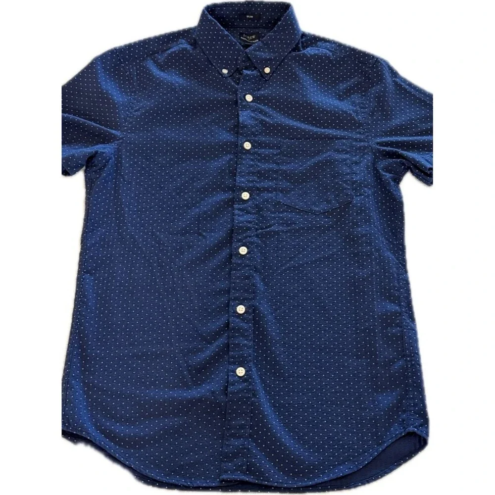 J.Crew Seersucker Shirt Mens Small Blue Polka Dot Slim Fit